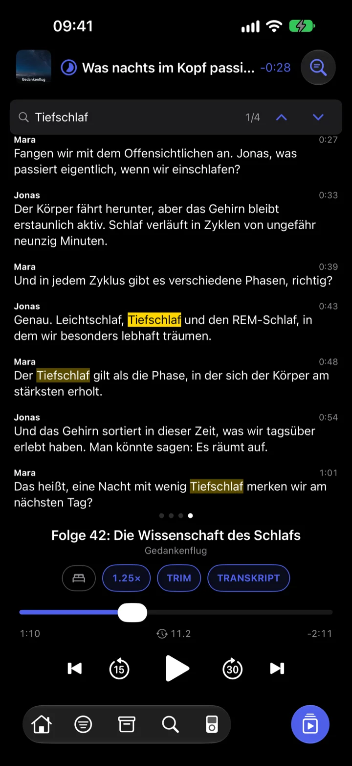 channelBar Feeds Transkript mit Suche