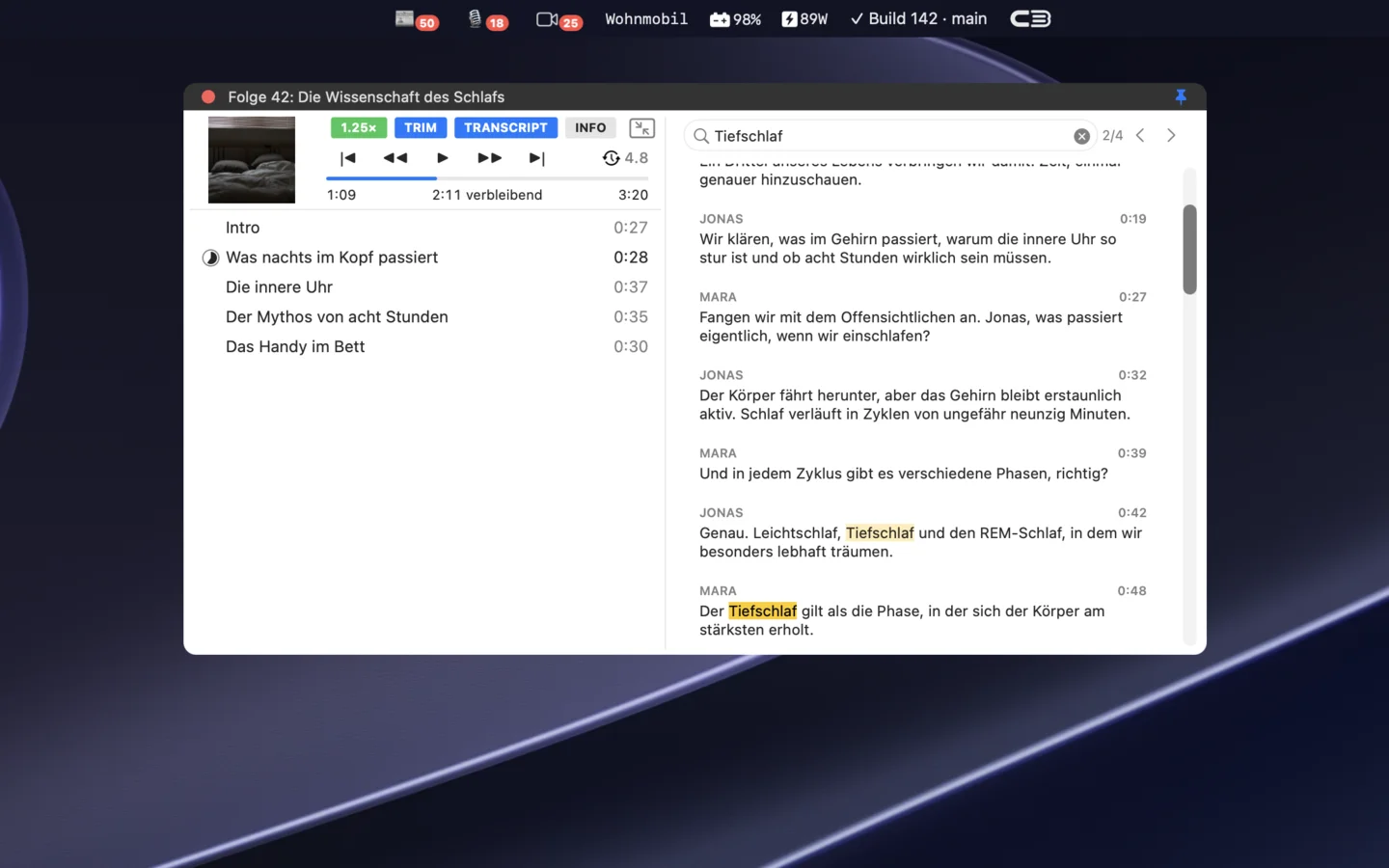 channelBar Podcast-Player mit Transkript