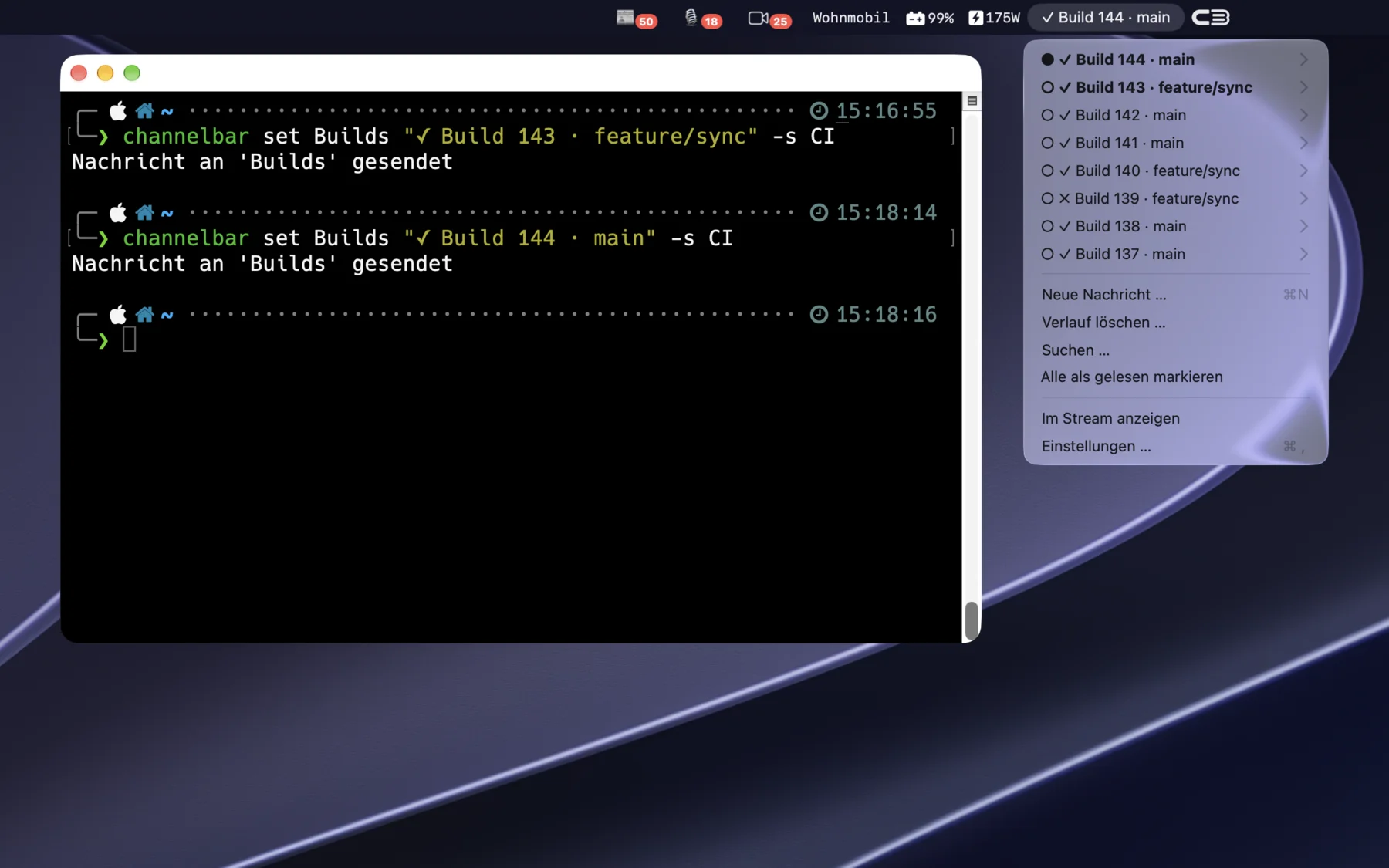 channelBar Builds-Kanal mit Terminal