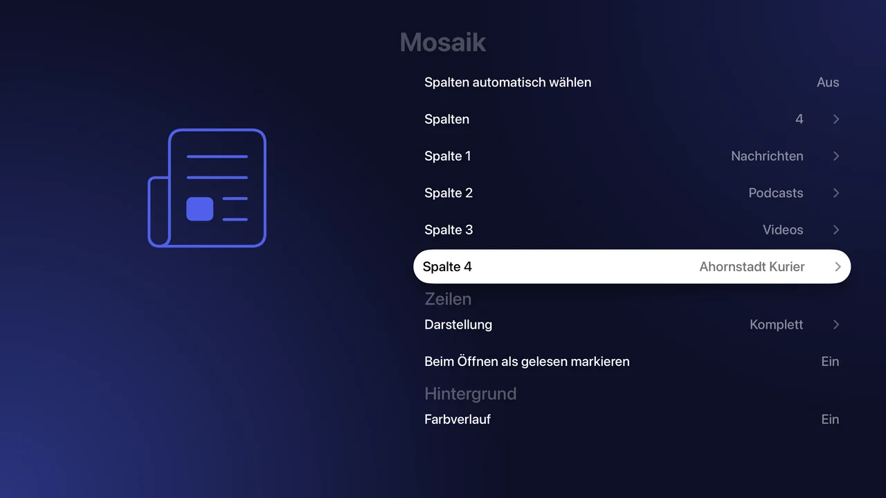 channelBar TV Einstellungen für die Spalten