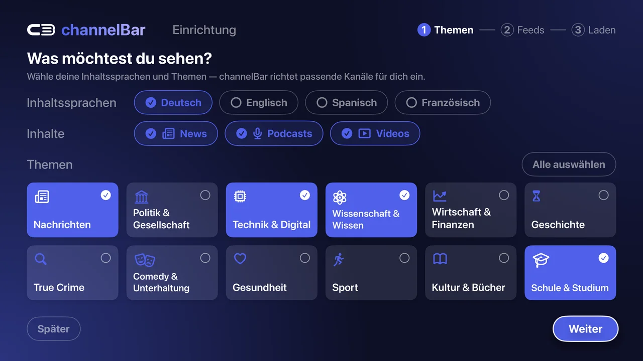 channelBar TV Einrichtung mit Themenauswahl