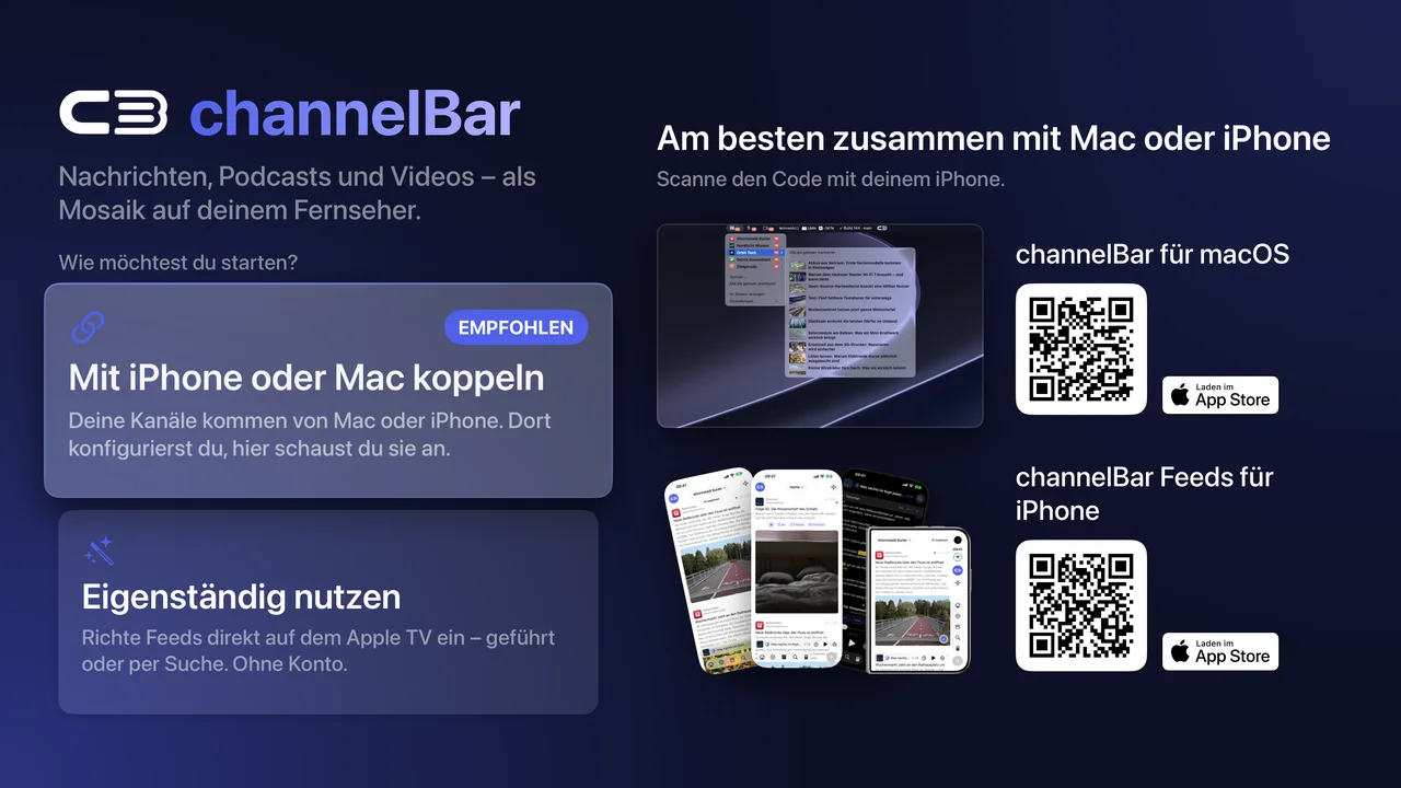 channelBar TV Start-Auswahl zwischen Koppeln und eigenständiger Nutzung