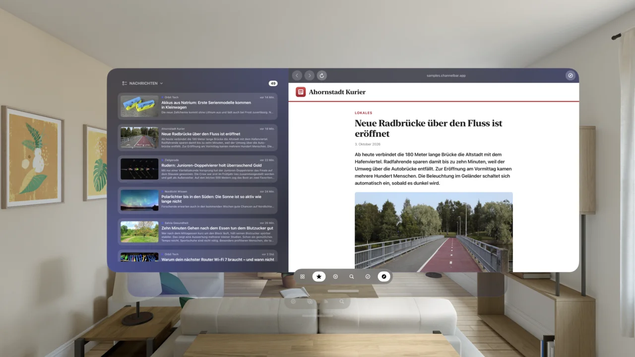 channelBar Vision Stream-Fenster mit Browser-Spalte
