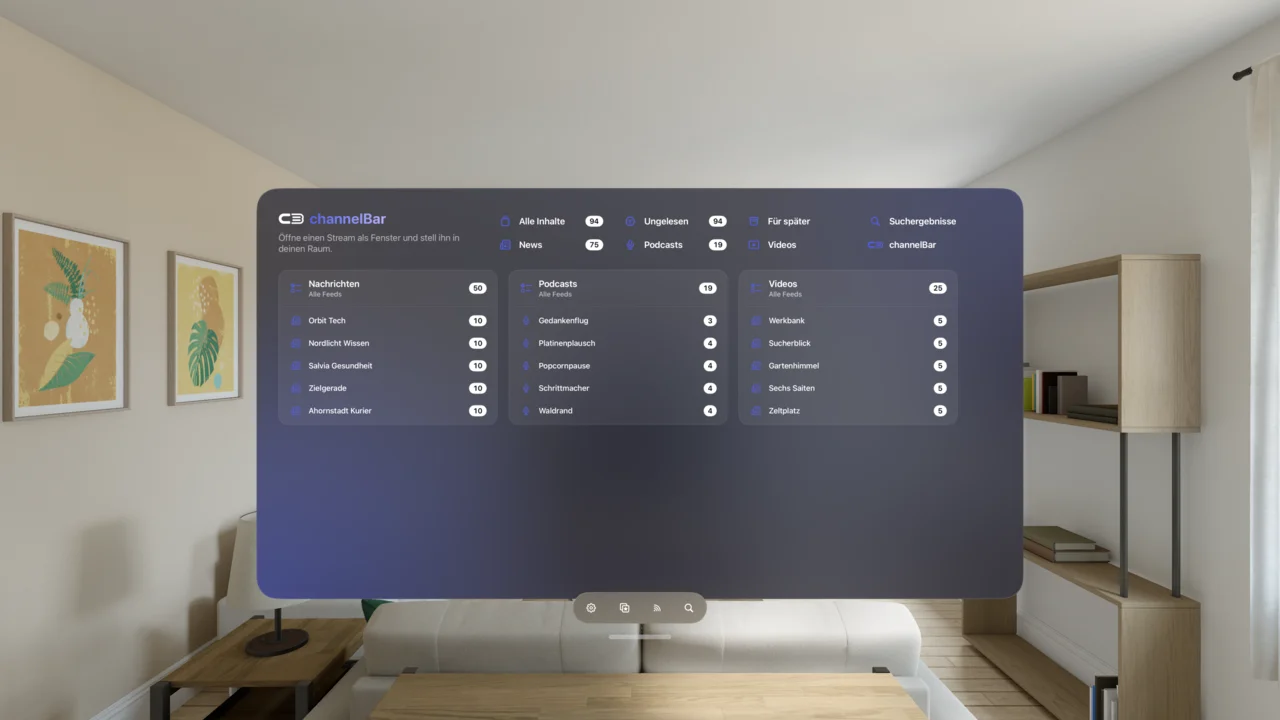 channelBar Vision Übersicht mit Kanälen und Feeds