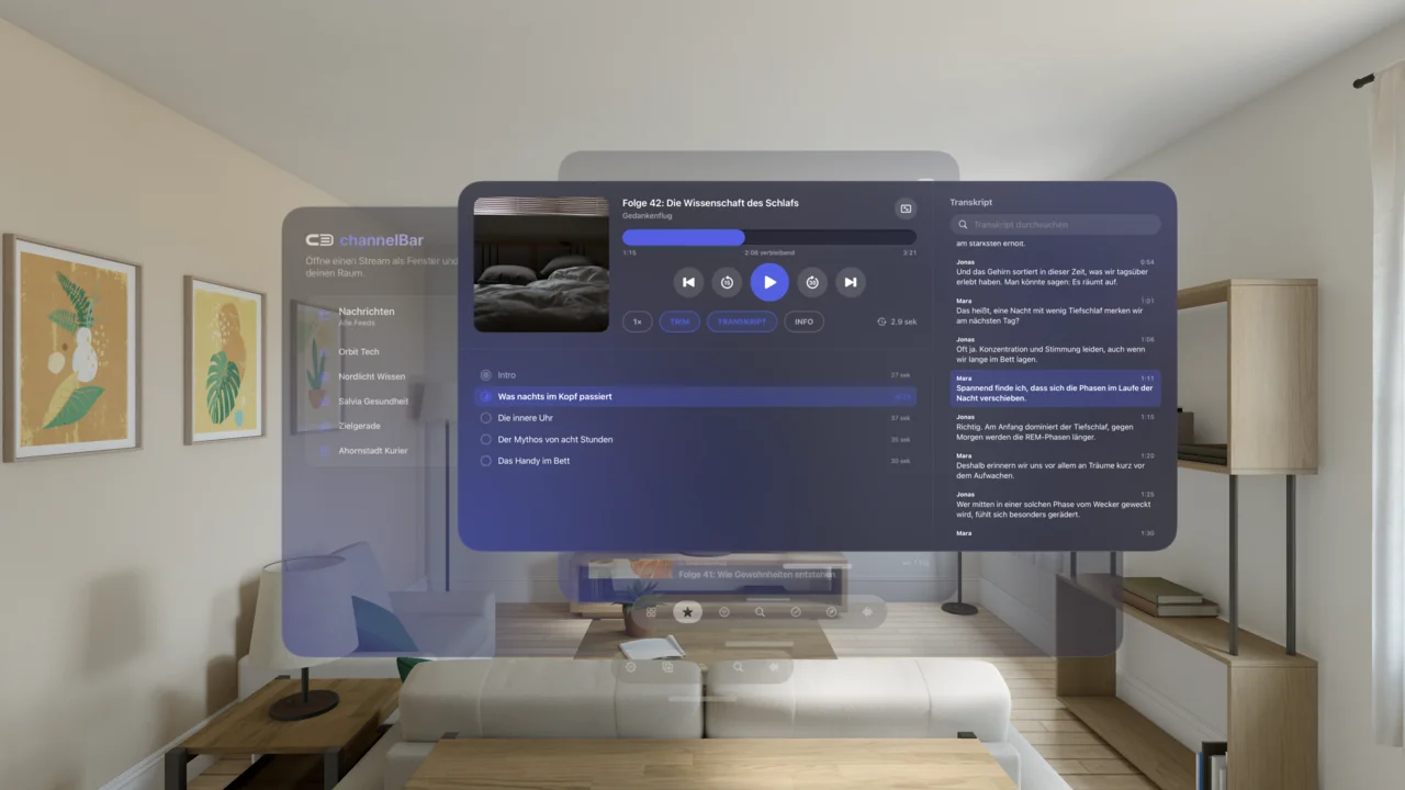 channelBar Vision Player-Fenster mit Kapiteln und Transkript