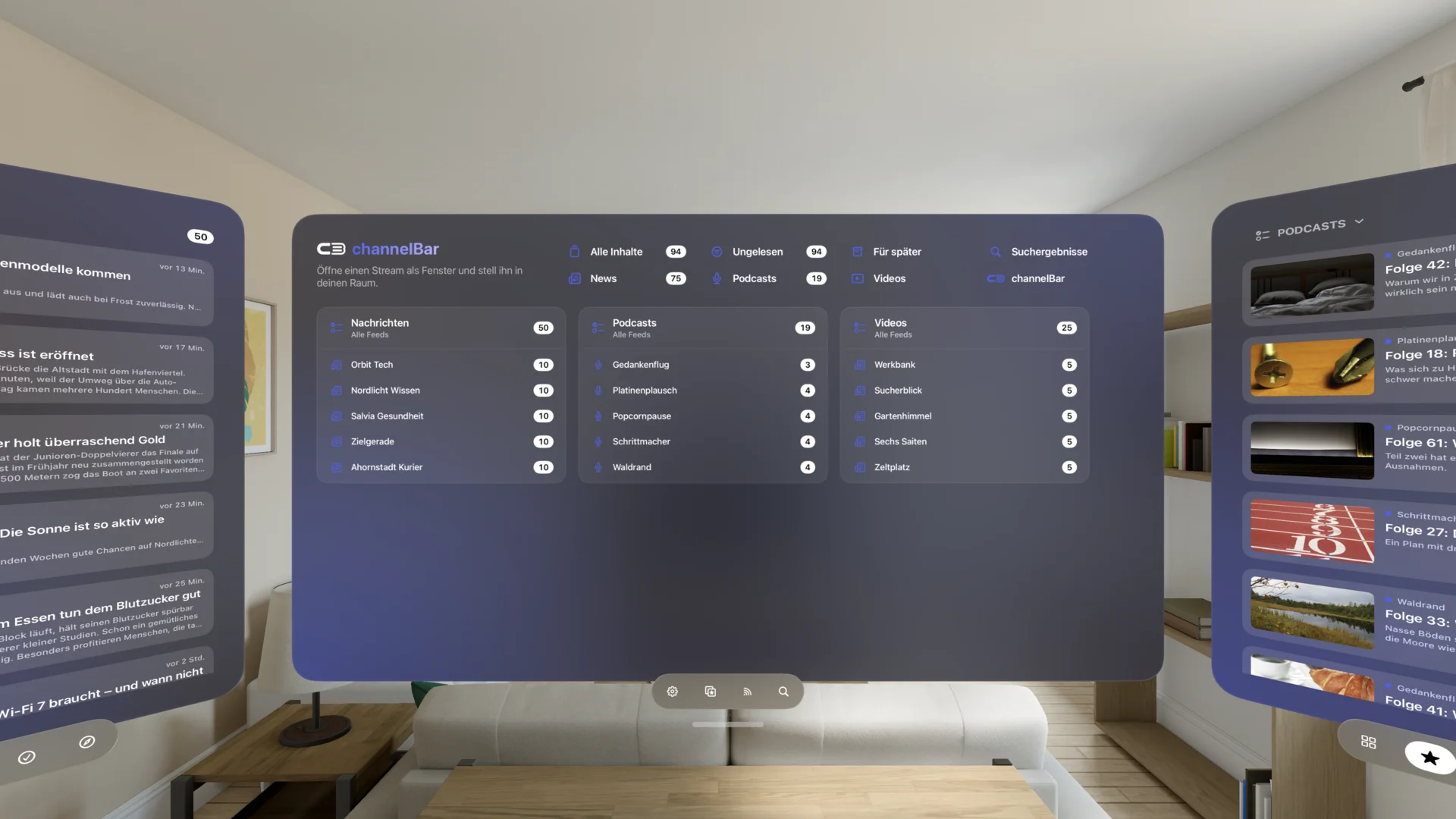 channelBar Vision mit Übersicht und zwei Stream-Fenstern im Raum
