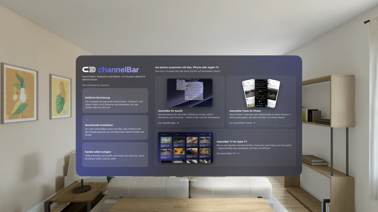 channelBar Vision Willkommen mit den Wegen zum Start und den Apps für Mac, iPhone und Apple TV